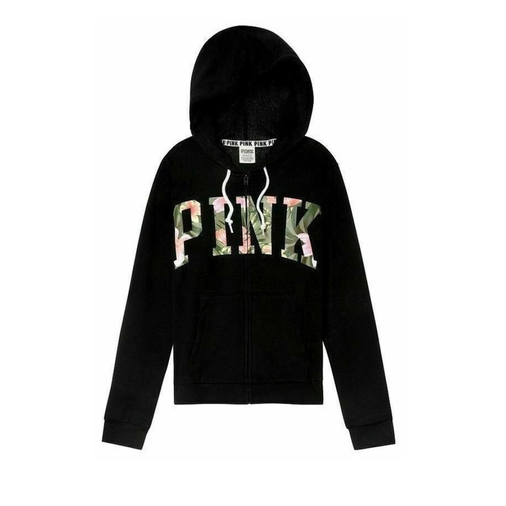 PINK Black Full Zip Hoodie Small Tropical Graphic